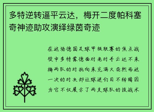 多特逆转逼平云达，梅开二度帕科塞奇神迹助攻演绎绿茵奇迹