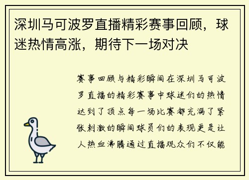 深圳马可波罗直播精彩赛事回顾，球迷热情高涨，期待下一场对决